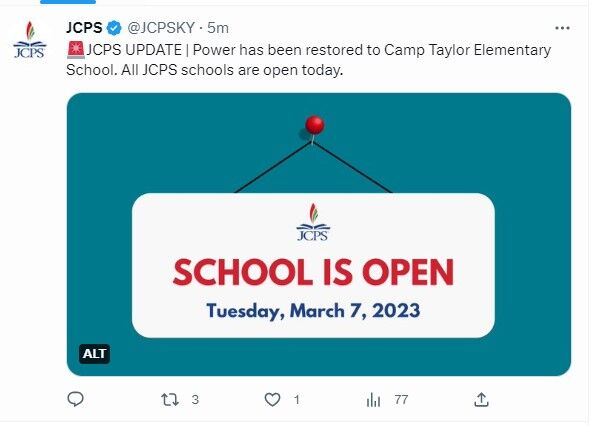 JCPS tweet about Camp Taylor Elem - 3.7.23